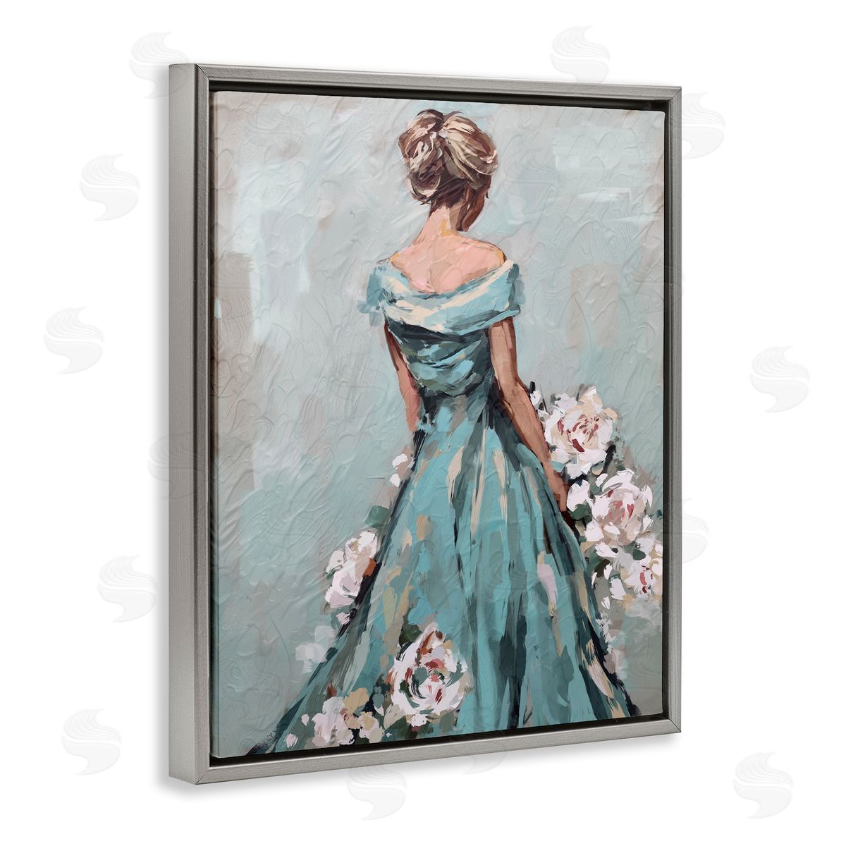Floral Woman in Gown Grey Floating Frame Canvas Wall Art, Home Decor by Ziwei Li
