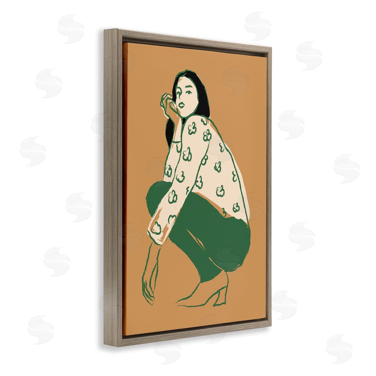 Fashion Girl Kneeling Brown Floating Frame Canvas Wall Art, Home Decor by Incado