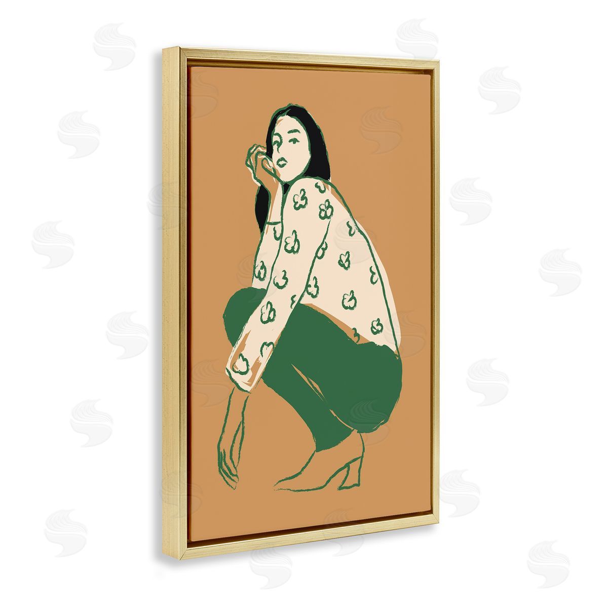 Fashion Girl Kneeling Gold Floating Frame Canvas Wall Art, Home Decor by Incado