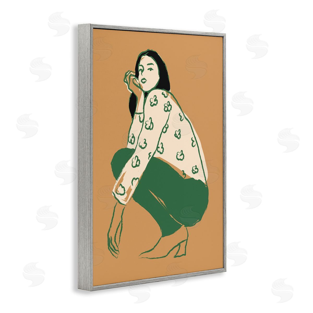 Fashion Girl Kneeling Grey Frame Print Wall Art, Home Decor by Incado