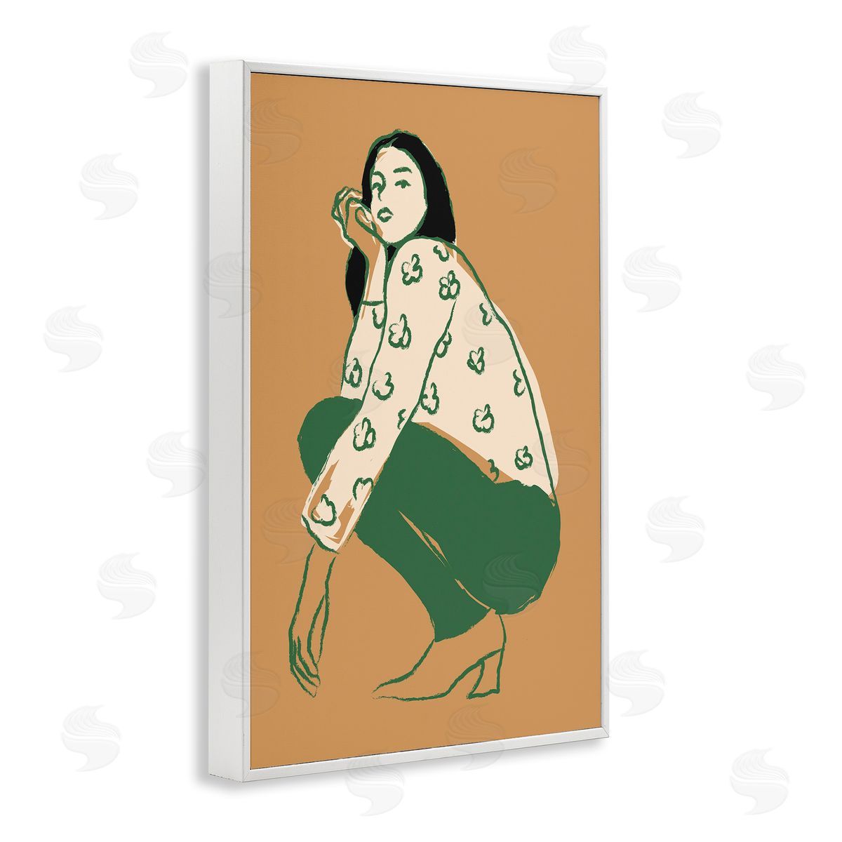 Fashion Girl Kneeling White Frame Print Wall Art, Home Decor by Incado
