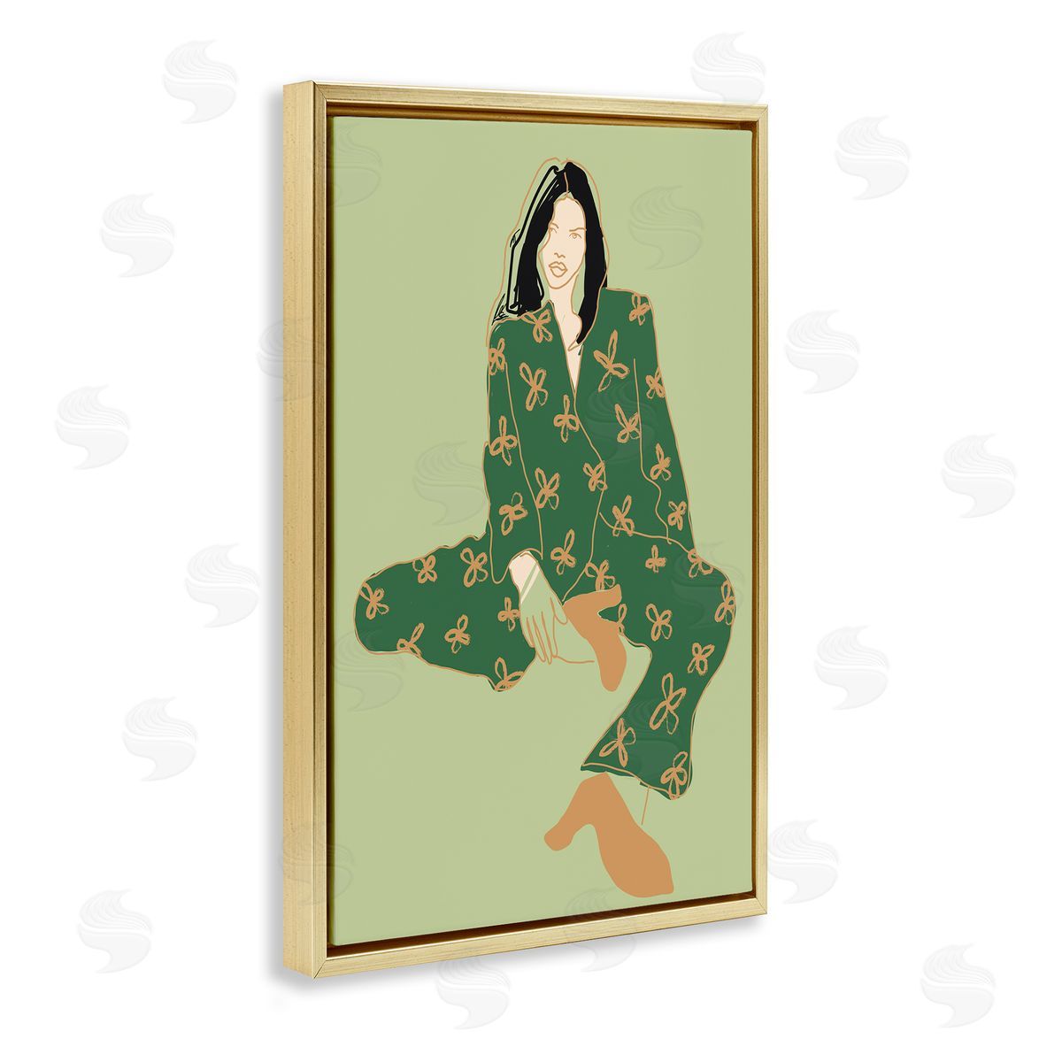 Stylish Girl Sitting Gold Floating Frame Canvas Wall Art, Home Decor by Incado
