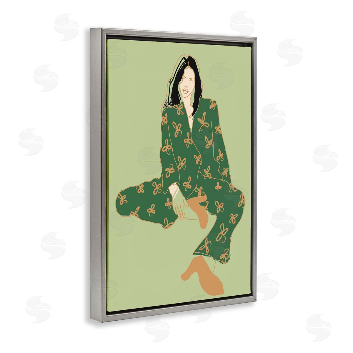 Stylish Girl Sitting Grey Floating Frame Canvas Wall Art, Home Decor by Incado