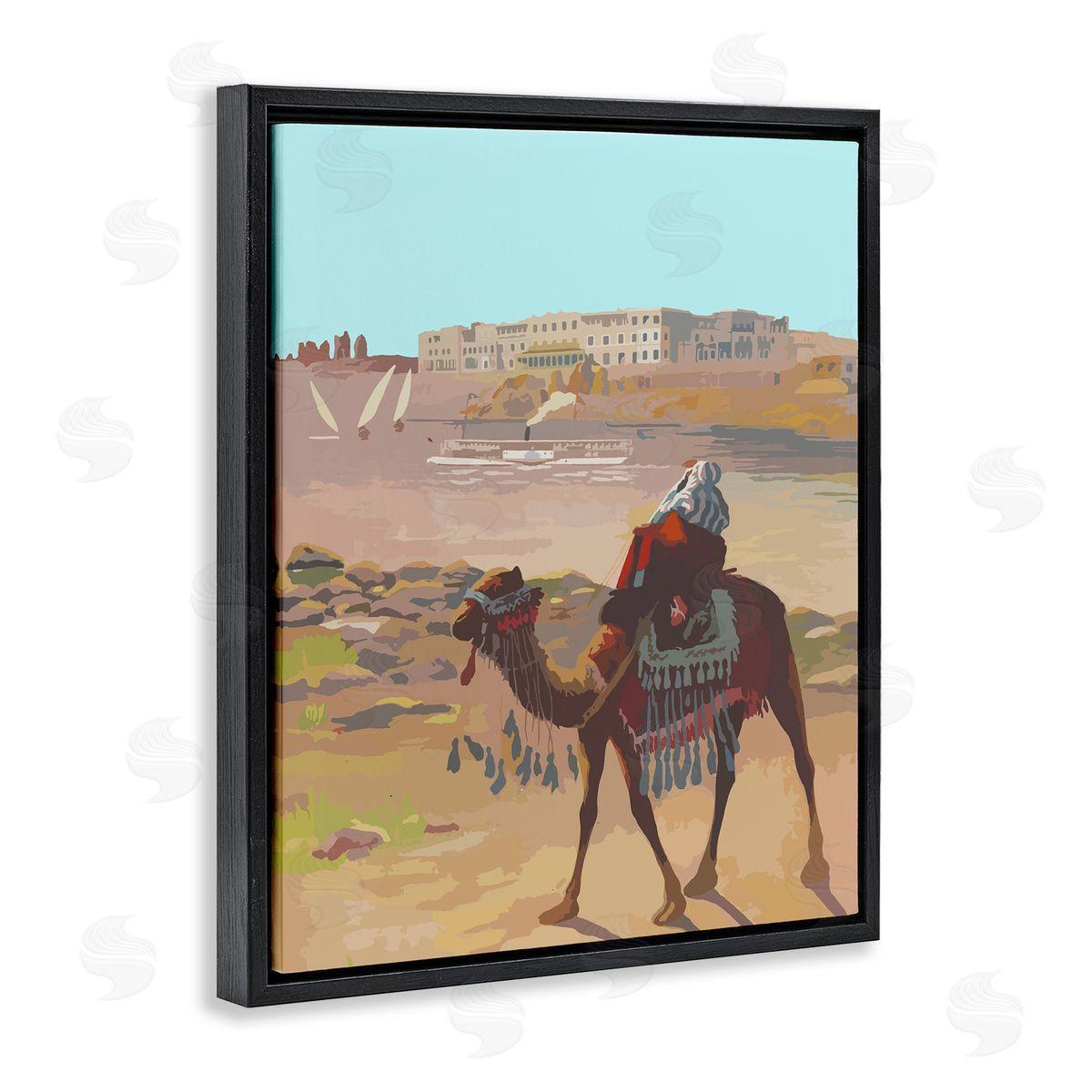 Camel in Desert Town Black Floating Frame Canvas Wall Art, Home Decor by Stupell Studio