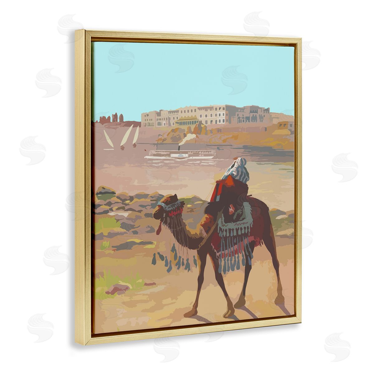 Camel in Desert Town Gold Floating Frame Canvas Wall Art, Home Decor by Stupell Studio