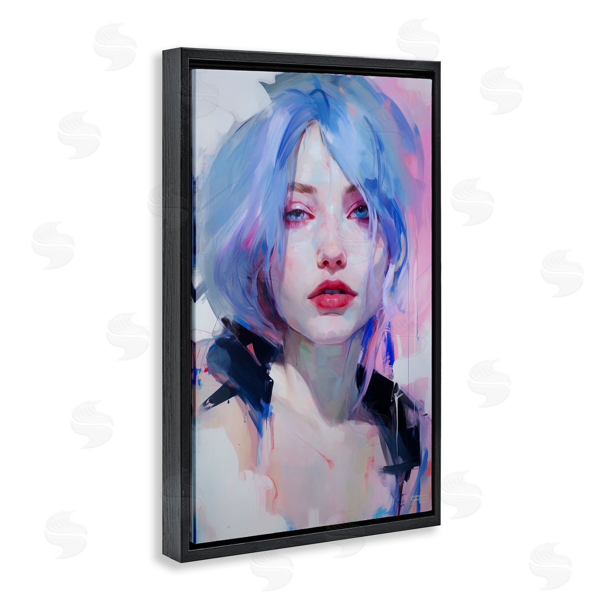 Blue Haired Woman Visage Black Floating Frame Canvas Wall Art, Home Decor by Roozbeh Bahramali