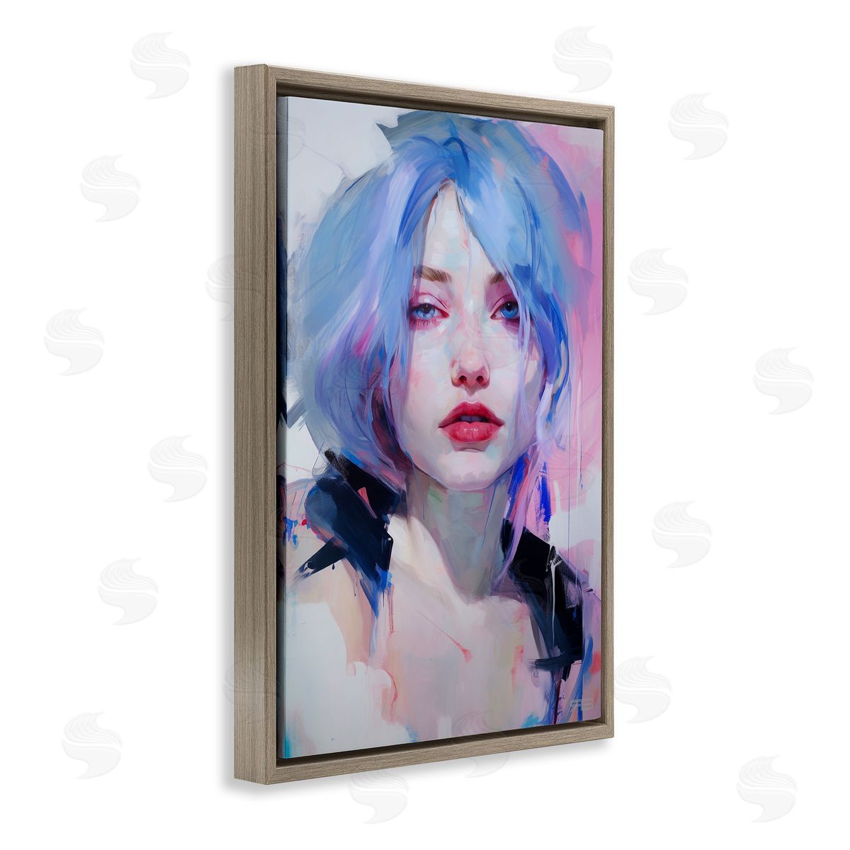 Blue Haired Woman Visage Brown Floating Frame Canvas Wall Art, Home Decor by Roozbeh Bahramali
