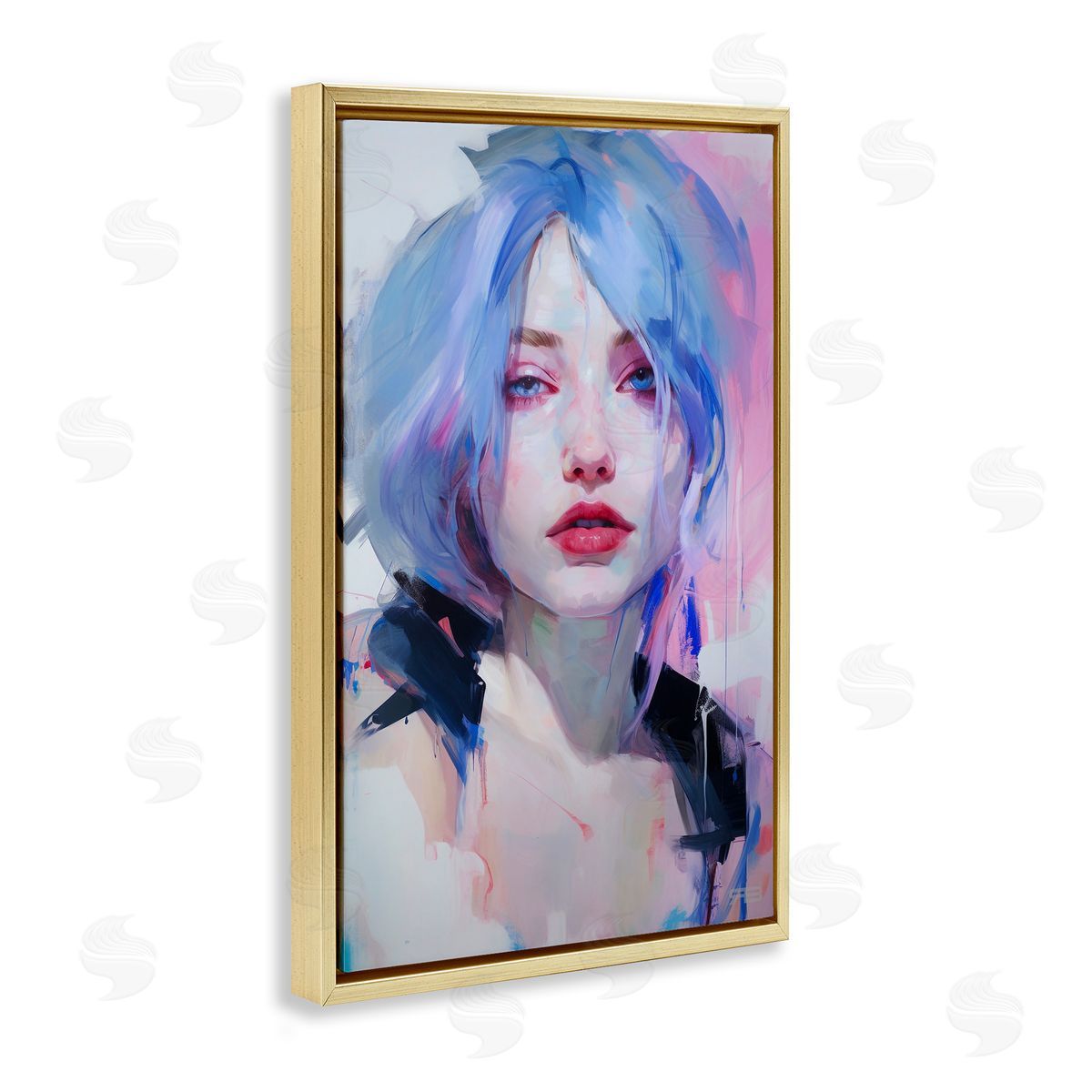 Blue Haired Woman Visage Gold Floating Frame Canvas Wall Art, Home Decor by Roozbeh Bahramali