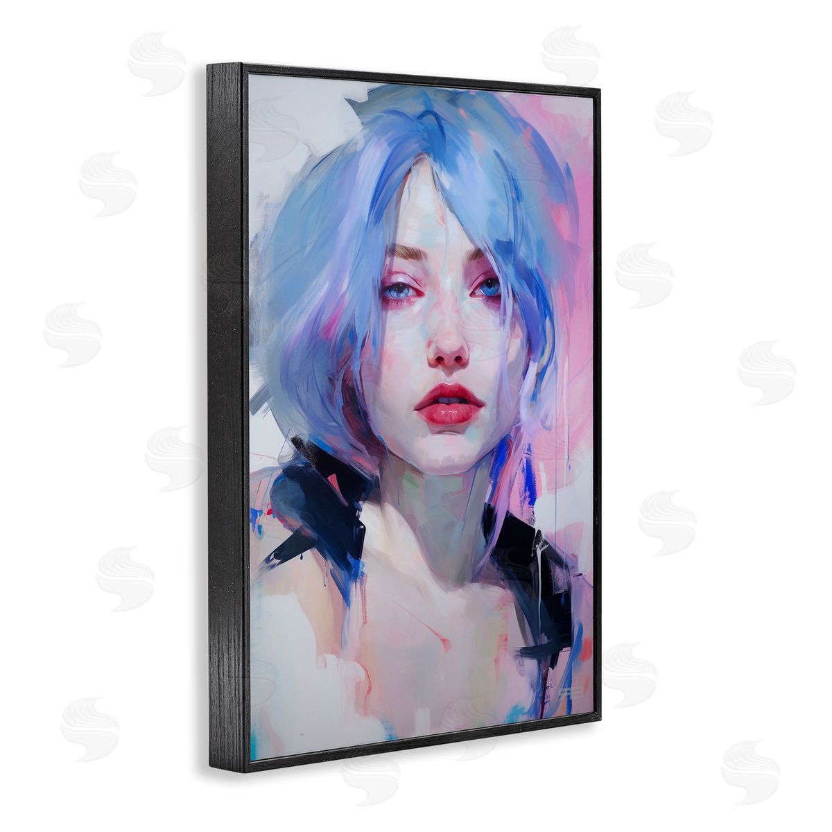Blue Haired Woman Visage Black Frame Print Wall Art, Home Decor by Roozbeh Bahramali