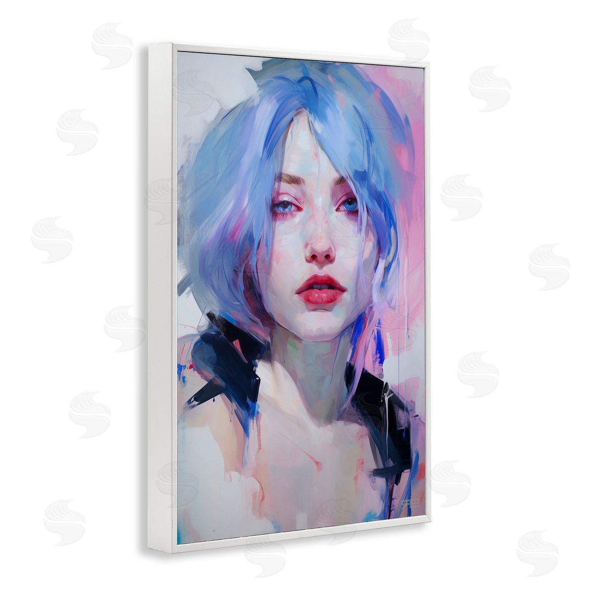 Blue Haired Woman Visage White Frame Print Wall Art, Home Decor by Roozbeh Bahramali