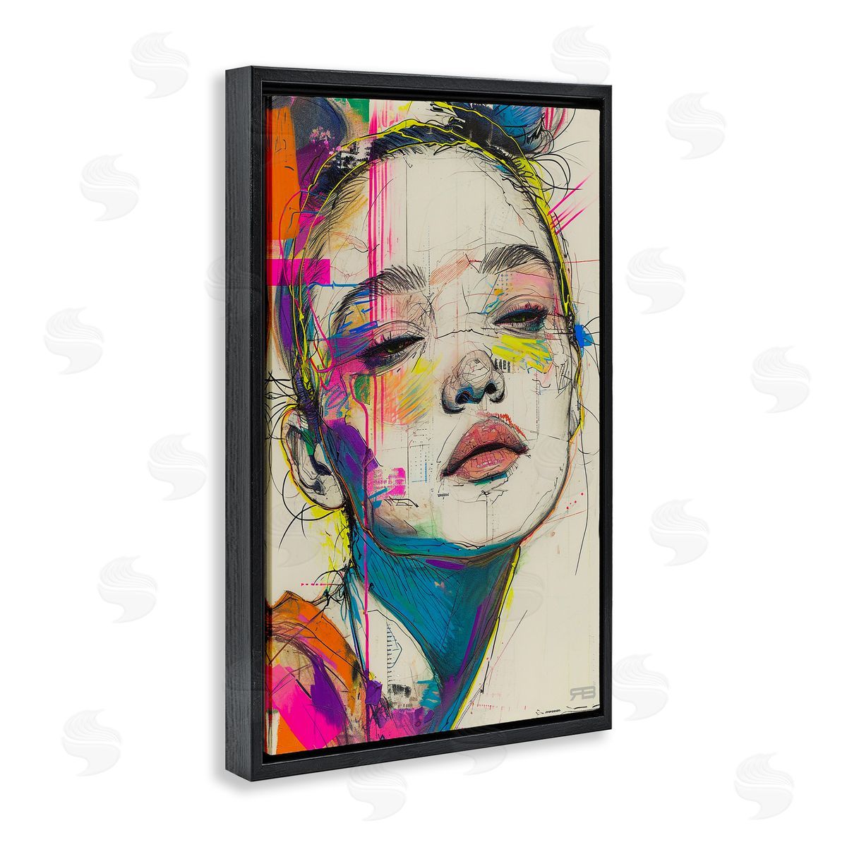 Bright Sketch Visage Black Floating Frame Canvas Wall Art, Home Decor by Roozbeh Bahramali