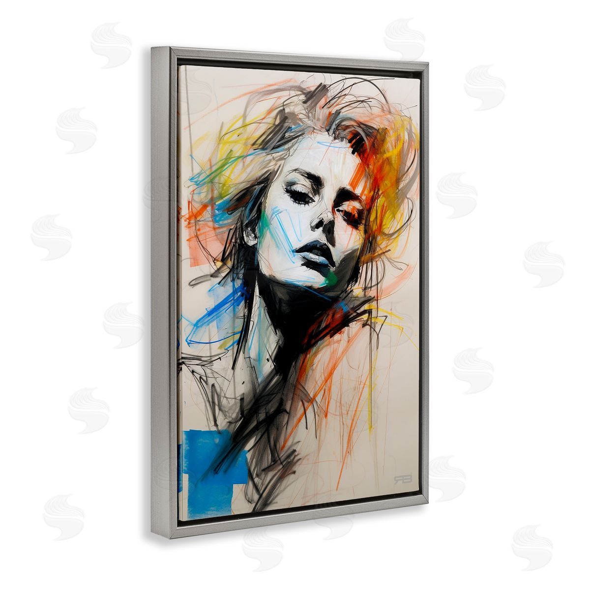 Chaotic Sketch Portrait Grey Floating Frame Canvas Wall Art, Home Decor by Roozbeh Bahramali