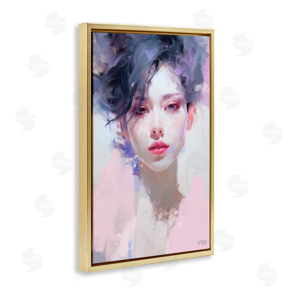 Purple Haired Woman Gold Floating Frame Canvas Wall Art, Home Decor by Roozbeh Bahramali
