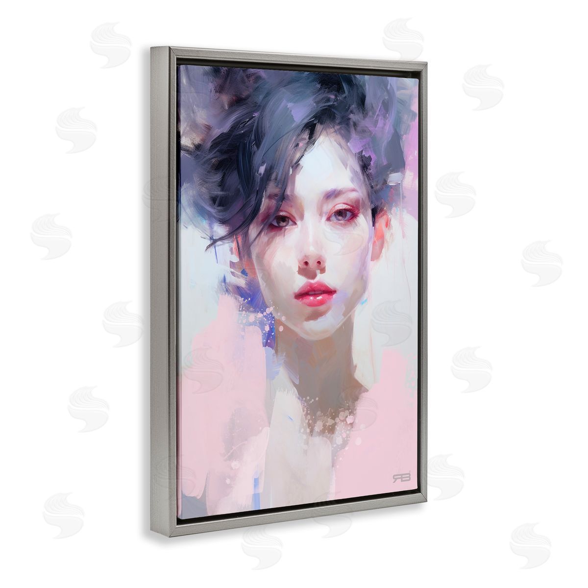 Purple Haired Woman Grey Floating Frame Canvas Wall Art, Home Decor by Roozbeh Bahramali