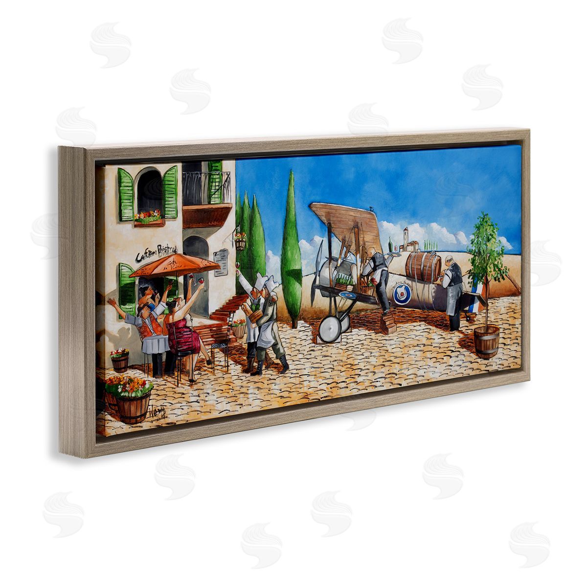 Café and Airplane Scene Brown Floating Frame Canvas Wall Art, Home Decor by Ronald West
