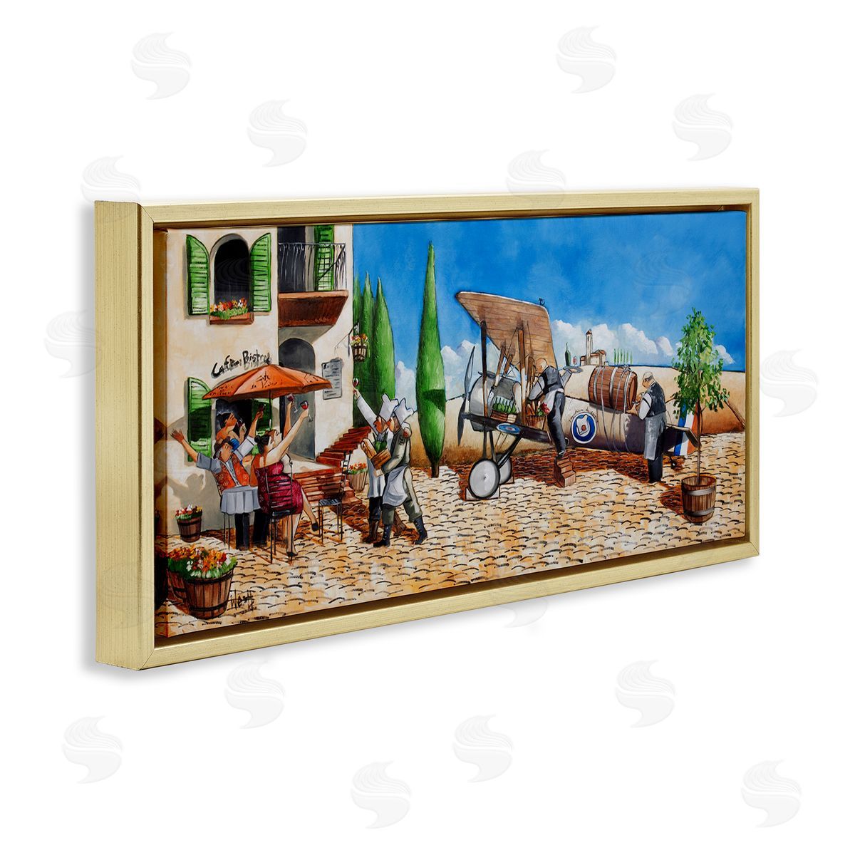 Café and Airplane Scene Gold Floating Frame Canvas Wall Art, Home Decor by Ronald West