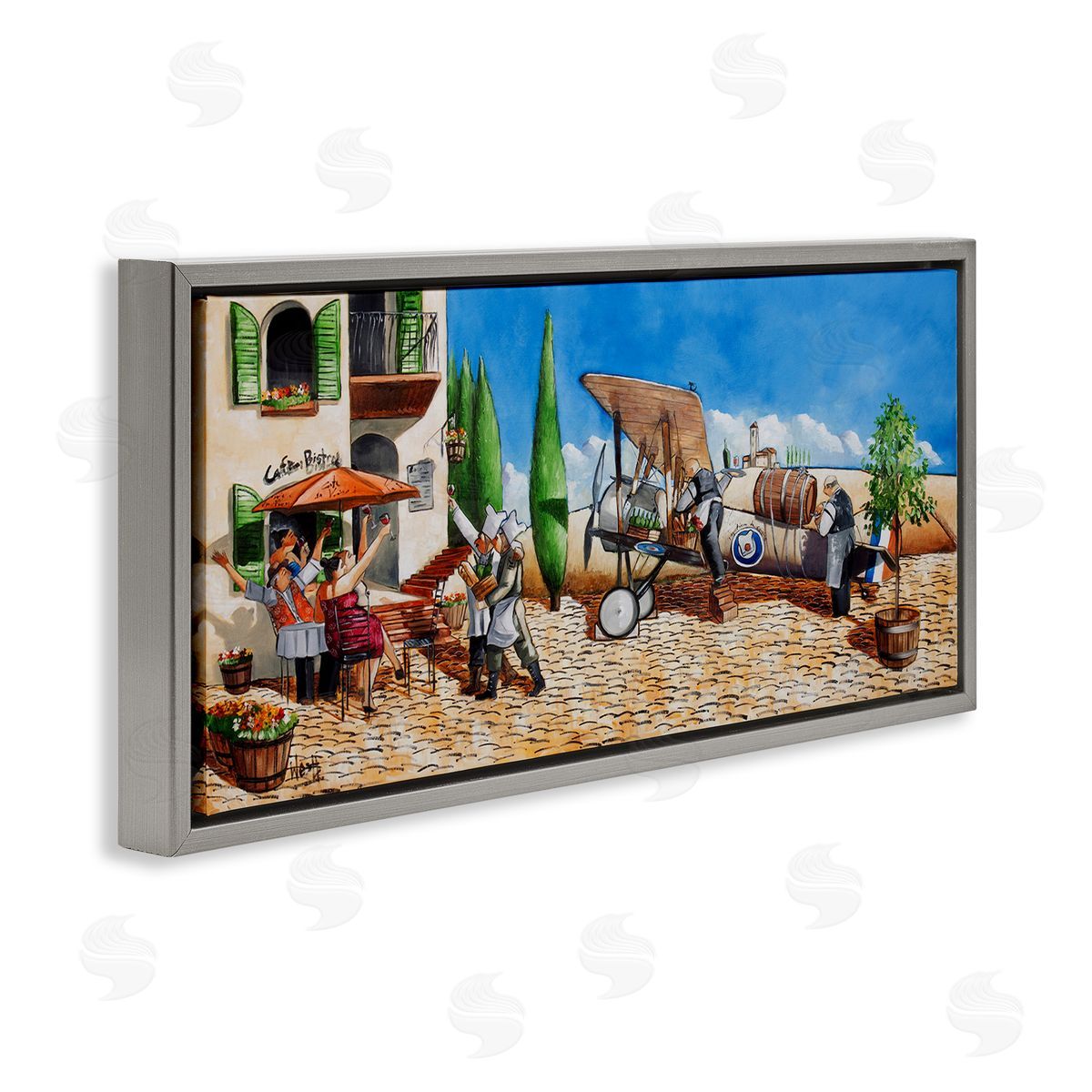 Café and Airplane Scene Grey Floating Frame Canvas Wall Art, Home Decor by Ronald West