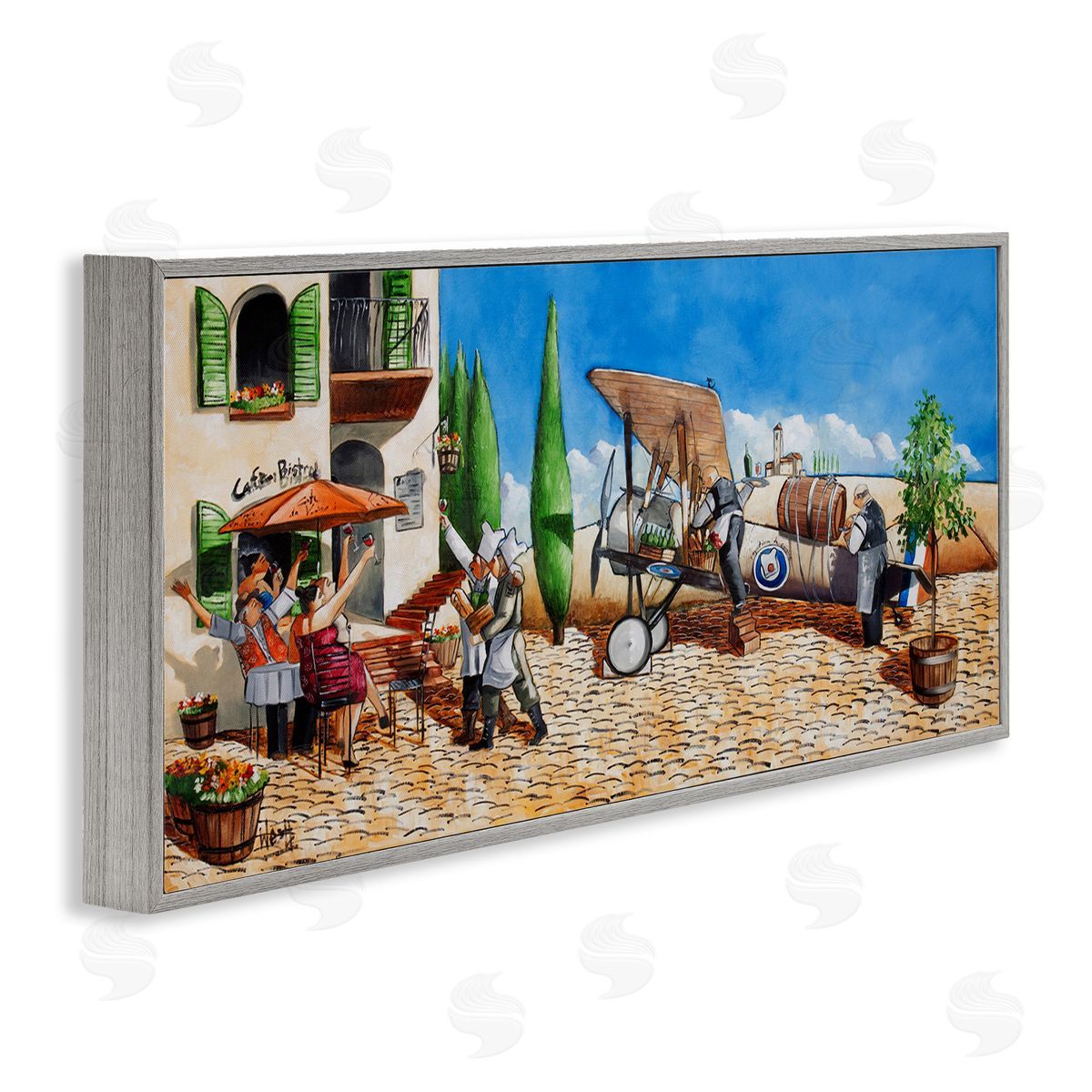 Café and Airplane Scene Grey Frame Print Wall Art, Home Decor by Ronald West