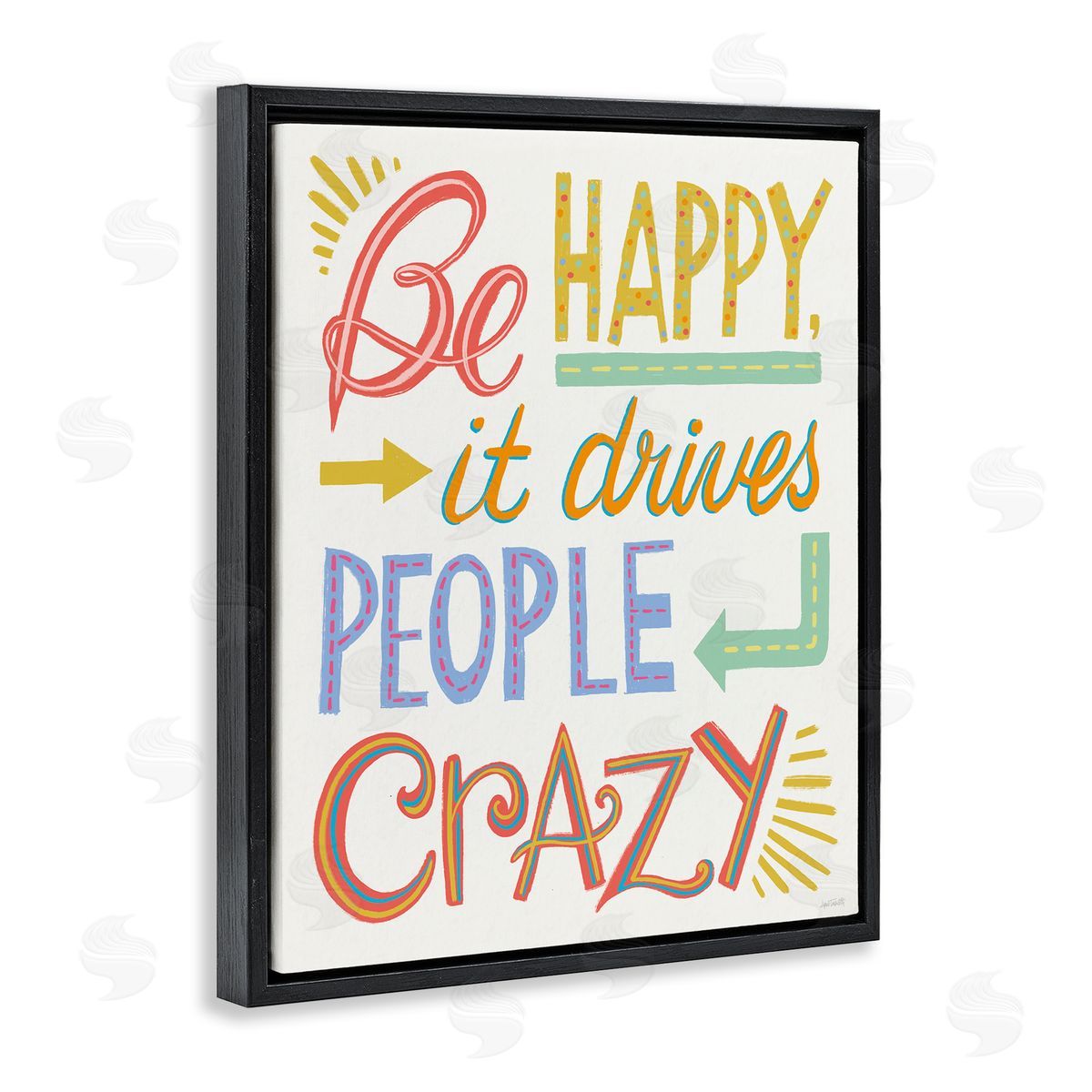 Bright Be Happy Phrase Black Floating Frame Canvas Wall Art, Home Decor by Anne Tavoletti