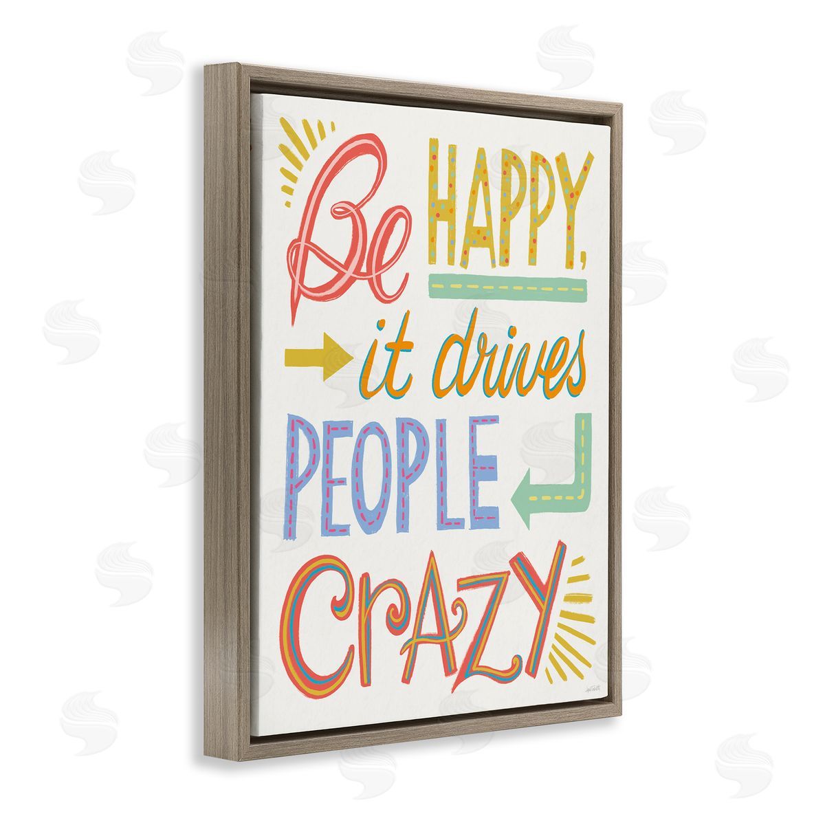 Bright Be Happy Phrase Brown Floating Frame Canvas Wall Art, Home Decor by Anne Tavoletti