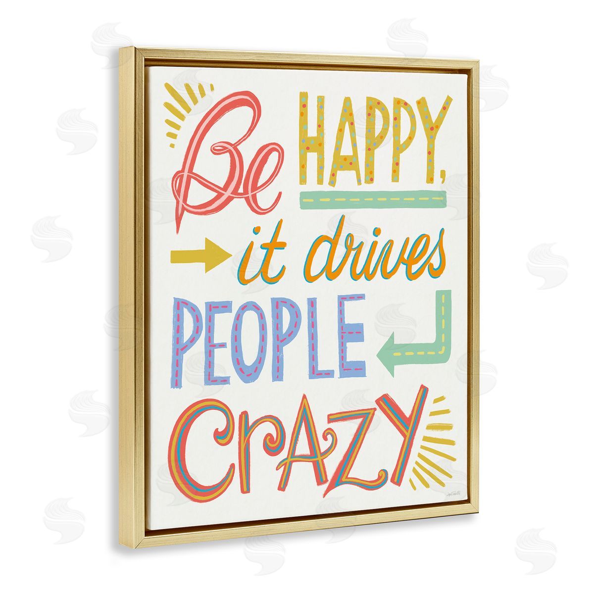 Bright Be Happy Phrase Gold Floating Frame Canvas Wall Art, Home Decor by Anne Tavoletti