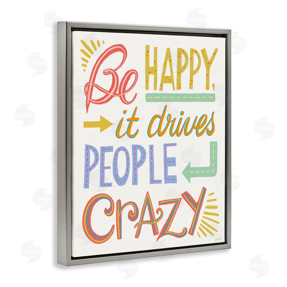 Bright Be Happy Phrase Grey Floating Frame Canvas Wall Art, Home Decor by Anne Tavoletti
