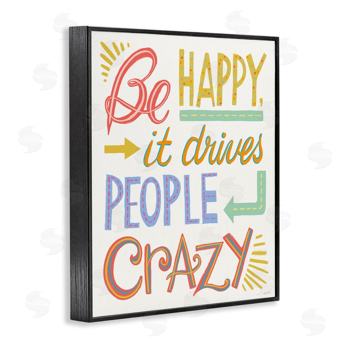 Bright Be Happy Phrase Black Frame Print Wall Art, Home Decor by Anne Tavoletti