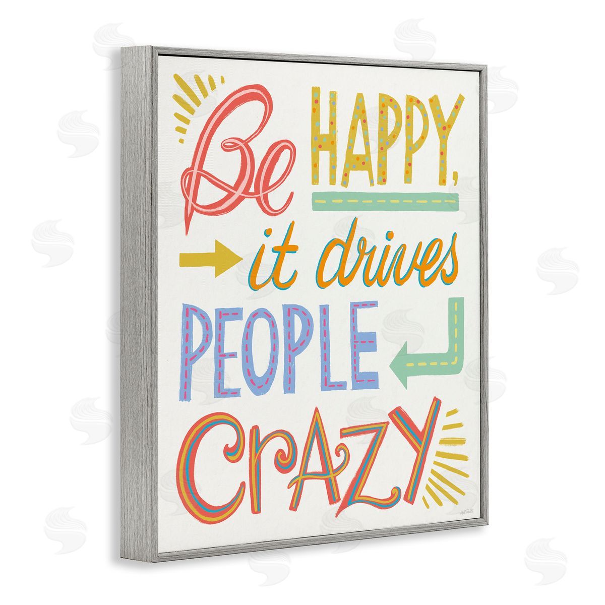Bright Be Happy Phrase Grey Frame Print Wall Art, Home Decor by Anne Tavoletti