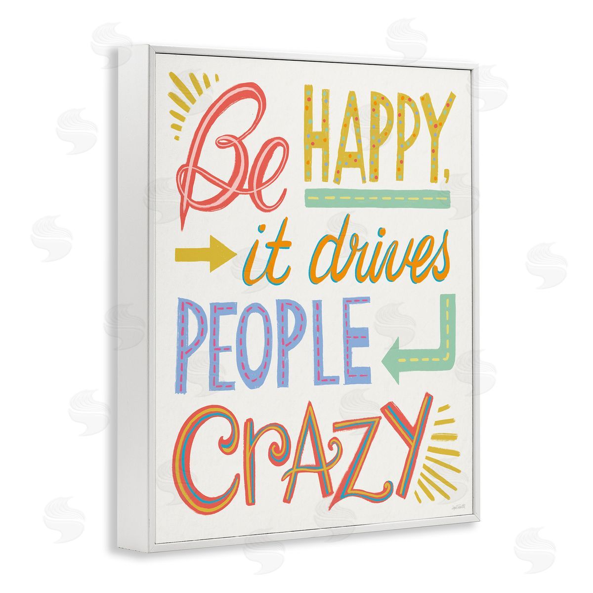 Bright Be Happy Phrase White Frame Print Wall Art, Home Decor by Anne Tavoletti