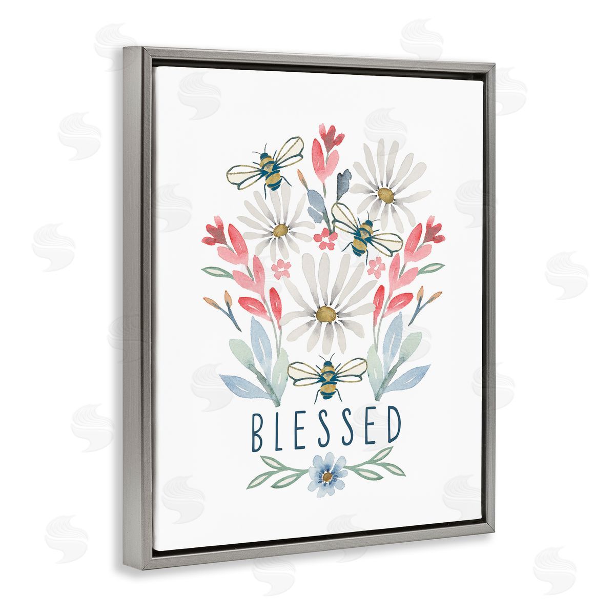 Blessed Floral Sprigs Grey Floating Frame Canvas Wall Art, Home Decor by Blue Chair Blessing
