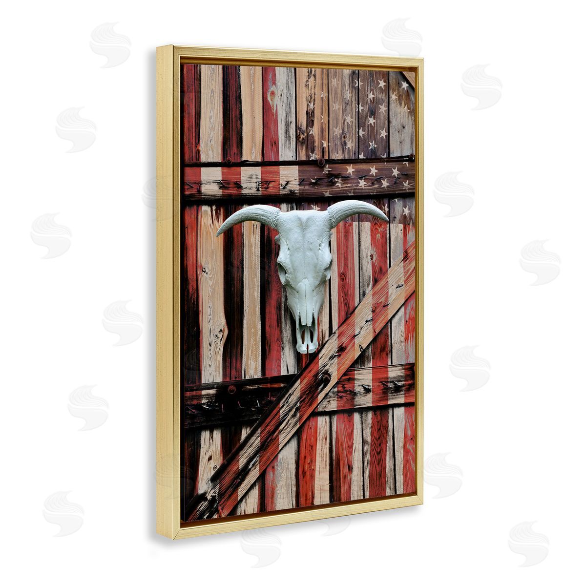 Patriotic Cow Skull Gold Floating Frame Canvas Wall Art, Home Decor by Gail Peck
