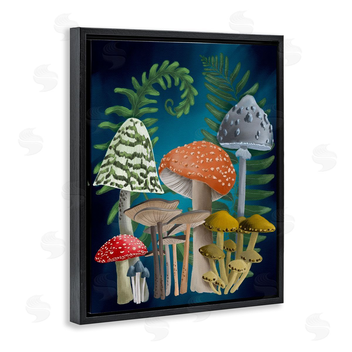 Curling Ferns and Mushrooms Black Floating Frame Canvas Wall Art, Home Decor by Regina Moore