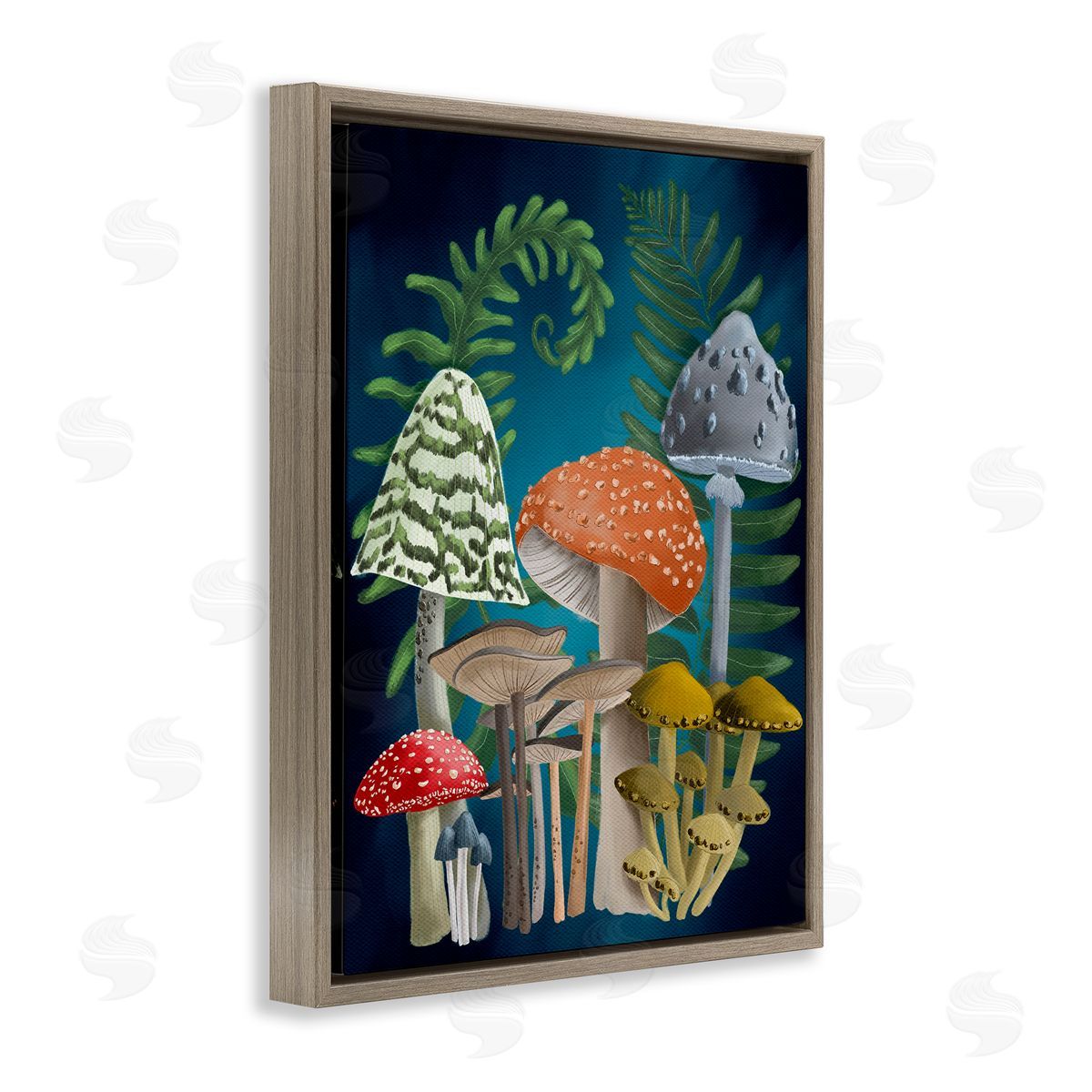 Curling Ferns and Mushrooms Brown Floating Frame Canvas Wall Art, Home Decor by Regina Moore