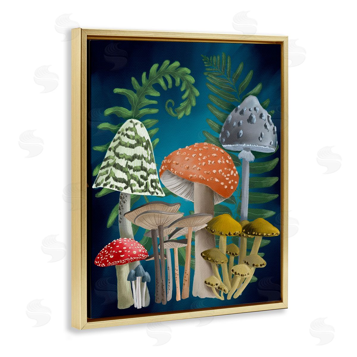 Curling Ferns and Mushrooms Gold Floating Frame Canvas Wall Art, Home Decor by Regina Moore