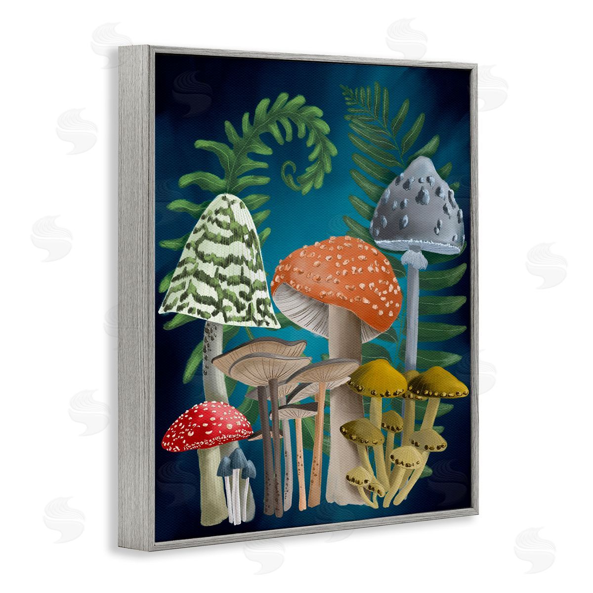 Curling Ferns and Mushrooms Grey Frame Print Wall Art, Home Decor by Regina Moore