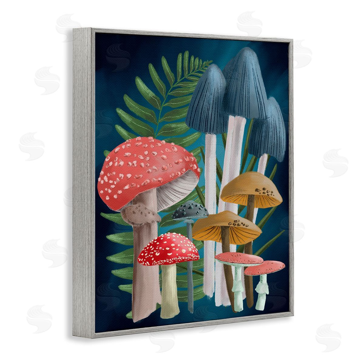 Forest Fern and Mushrooms Grey Frame Print Wall Art, Home Decor by Regina Moore