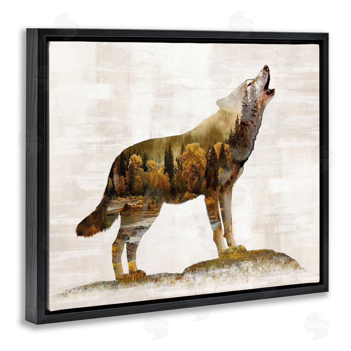 Forest Pattern Wolf Black Floating Frame Canvas Wall Art, Home Decor by Amber Sterling