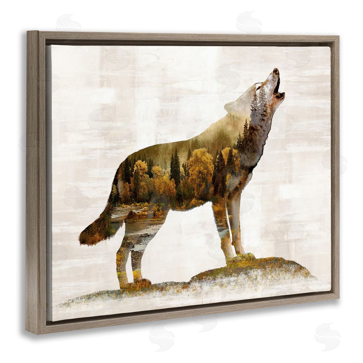 Forest Pattern Wolf Brown Floating Frame Canvas Wall Art, Home Decor by Amber Sterling