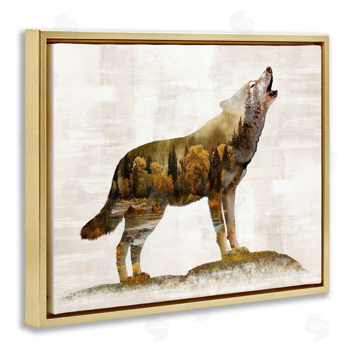 Forest Pattern Wolf Gold Floating Frame Canvas Wall Art, Home Decor by Amber Sterling