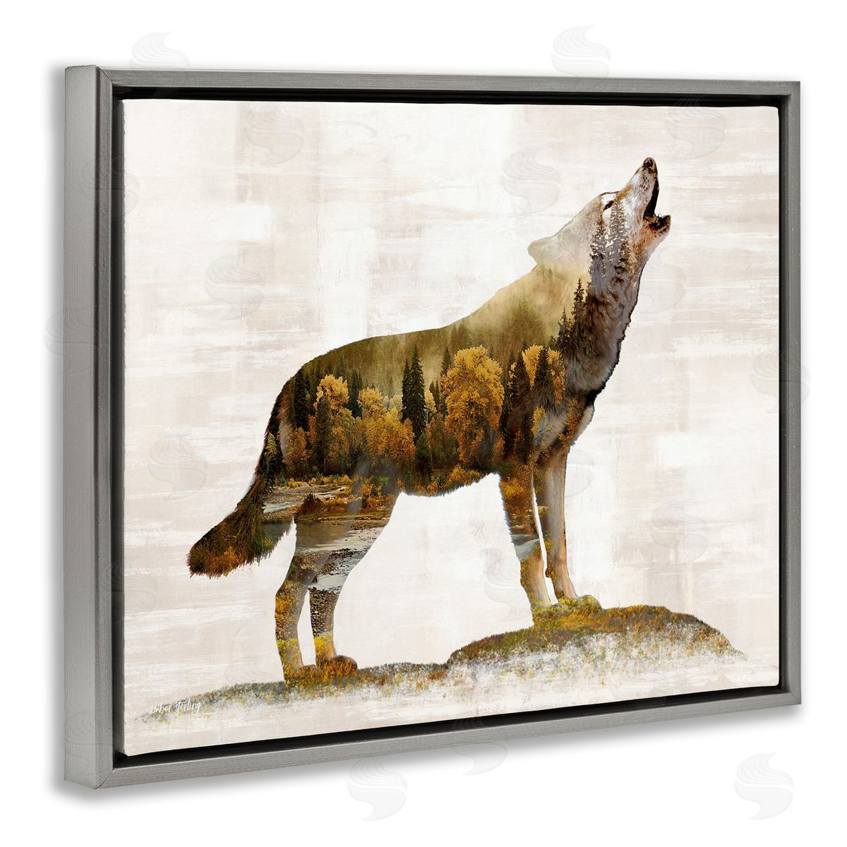 Forest Pattern Wolf Grey Floating Frame Canvas Wall Art, Home Decor by Amber Sterling