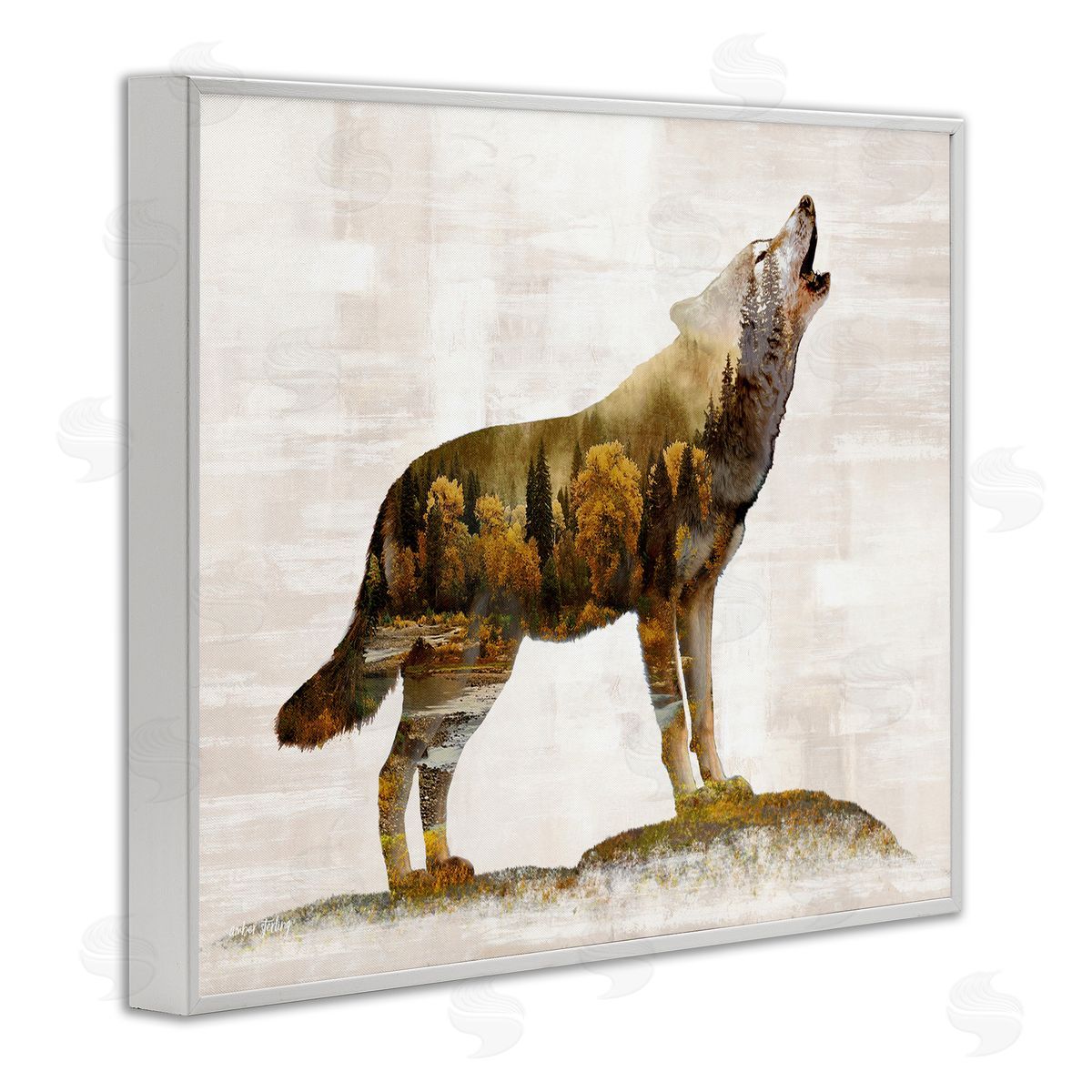 Forest Pattern Wolf White Frame Print Wall Art, Home Decor by Amber Sterling