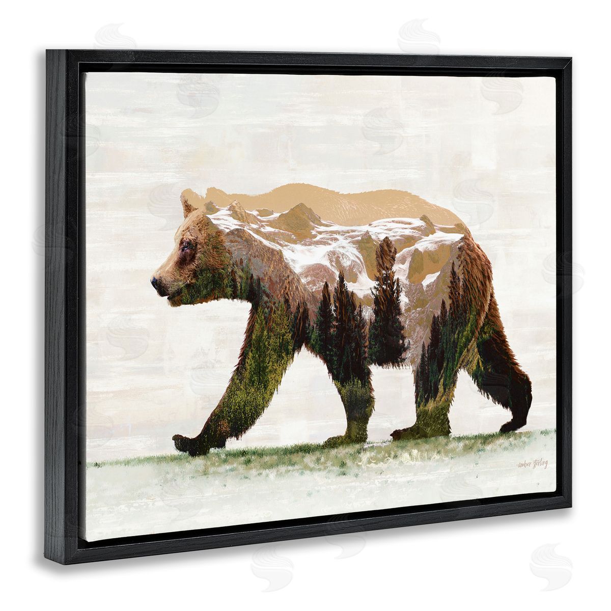Woodland Pattern Bear Black Floating Frame Canvas Wall Art, Home Decor by Amber Sterling