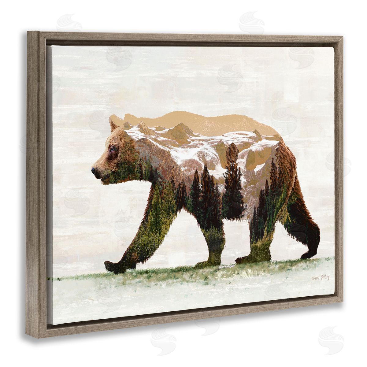 Woodland Pattern Bear Brown Floating Frame Canvas Wall Art, Home Decor by Amber Sterling