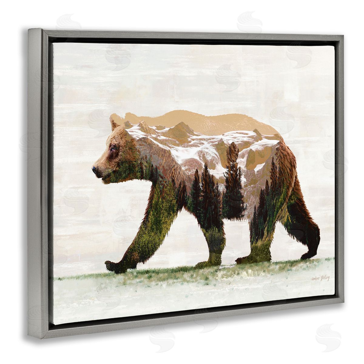 Woodland Pattern Bear Grey Floating Frame Canvas Wall Art, Home Decor by Amber Sterling