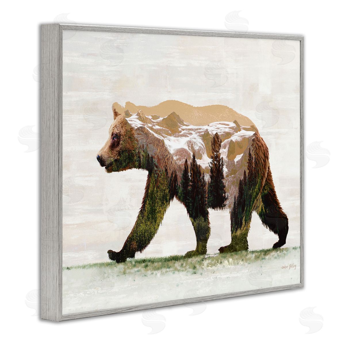Woodland Pattern Bear Grey Frame Print Wall Art, Home Decor by Amber Sterling