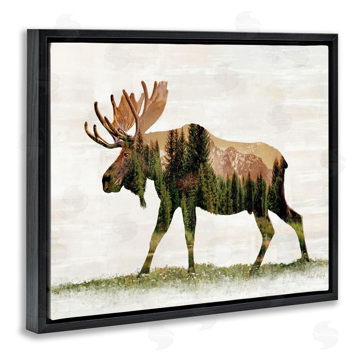 Forest Pattern Moose Black Floating Frame Canvas Wall Art, Home Decor by Amber Sterling