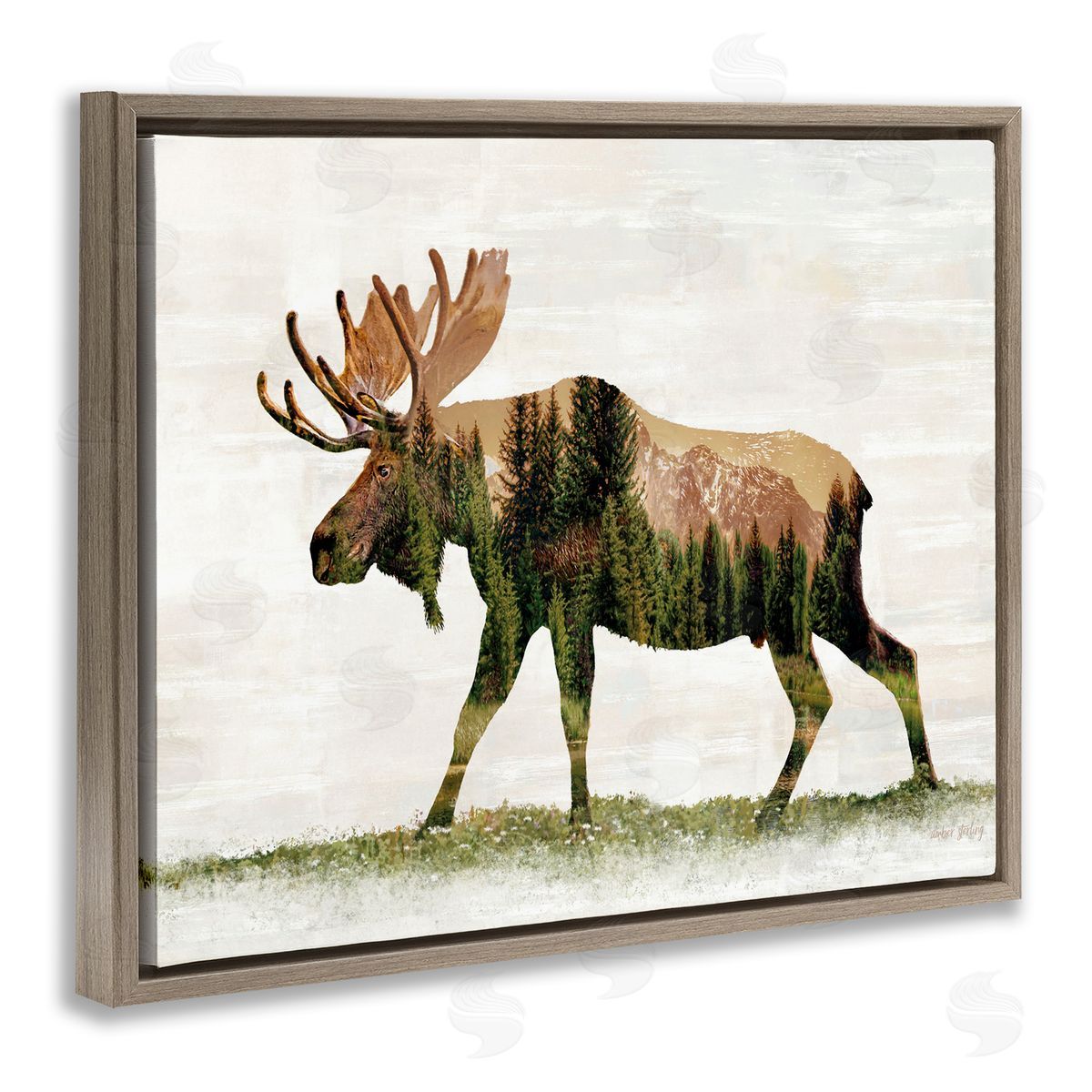 Forest Pattern Moose Brown Floating Frame Canvas Wall Art, Home Decor by Amber Sterling