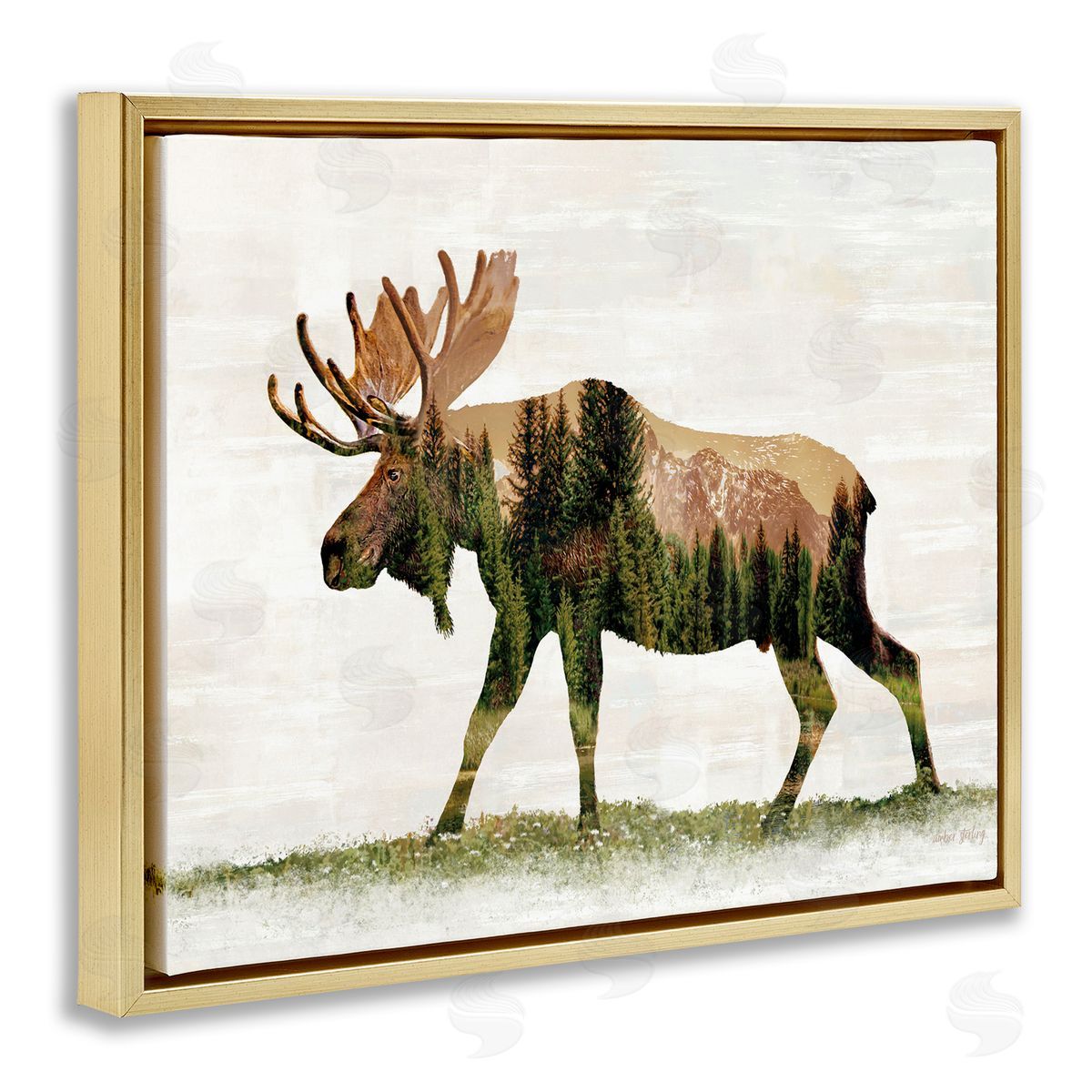 Forest Pattern Moose Gold Floating Frame Canvas Wall Art, Home Decor by Amber Sterling