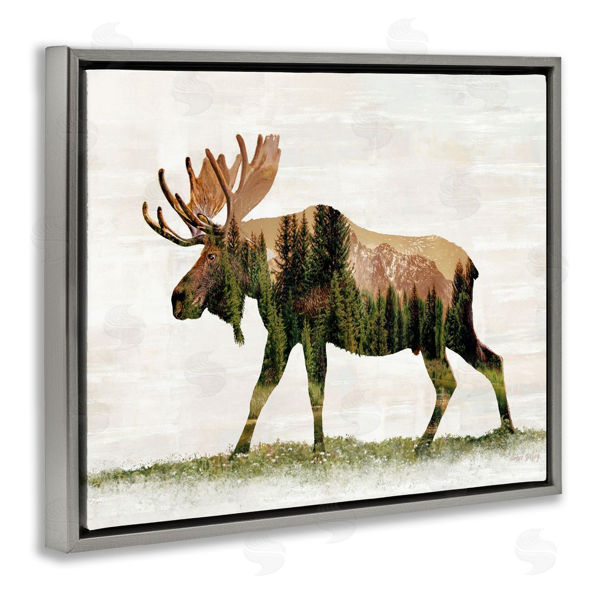 Forest Pattern Moose Grey Floating Frame Canvas Wall Art, Home Decor by Amber Sterling