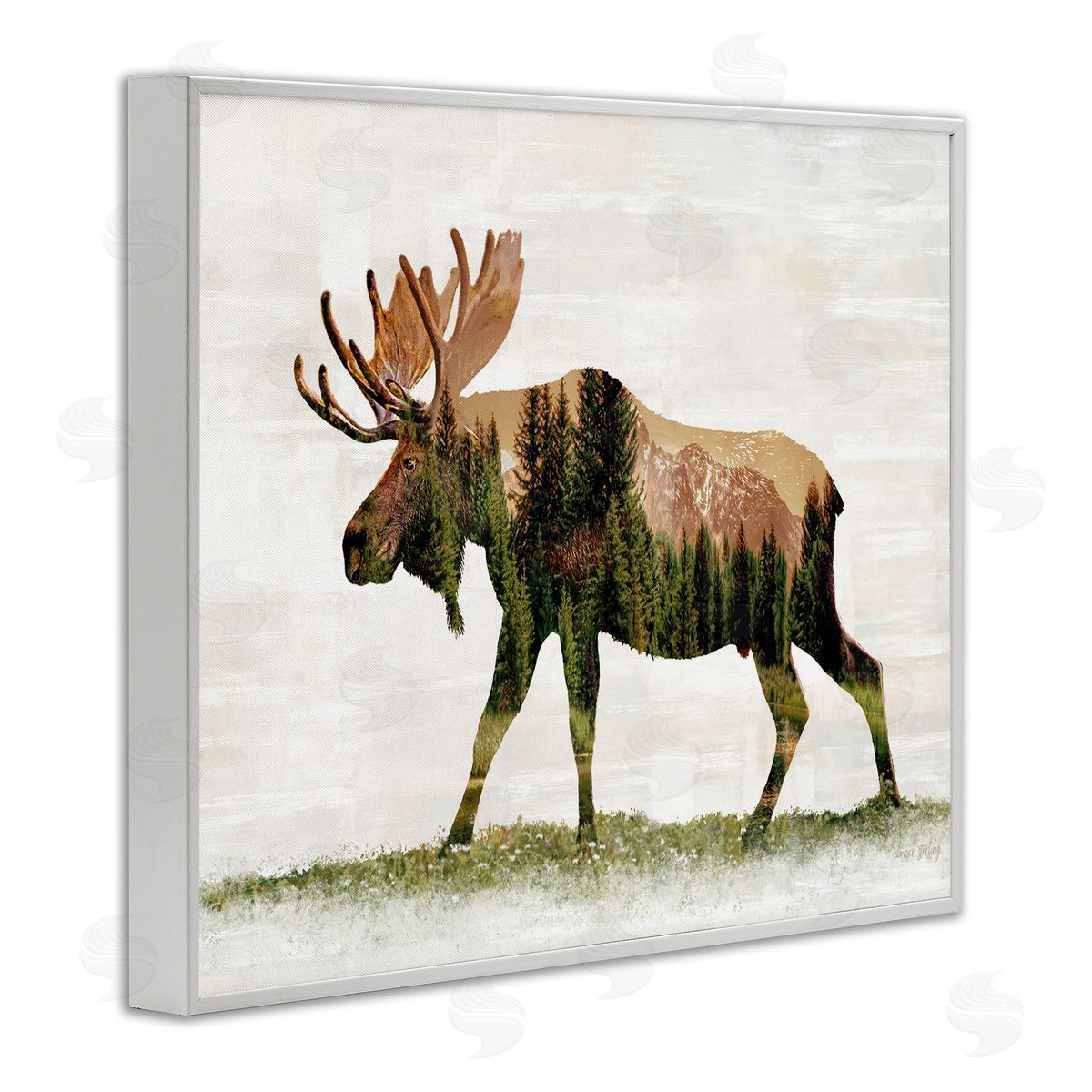 Forest Pattern Moose White Frame Print Wall Art, Home Decor by Amber Sterling